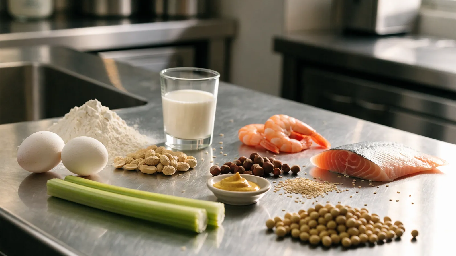 Ingrédients allergènes disposés sur un plan de travail en inox : œufs, lait, farine, arachides, crevettes, poisson, soja, céleri, moutarde, sésame