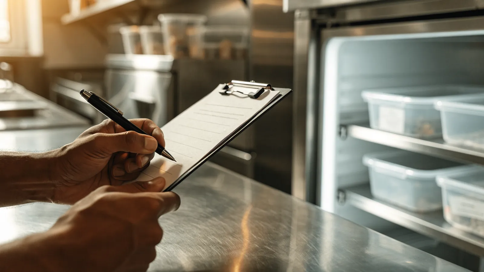 Inspection d’hygiène dans une cuisine professionnelle : relevé sur une grille de contrôle devant une armoire réfrigérée