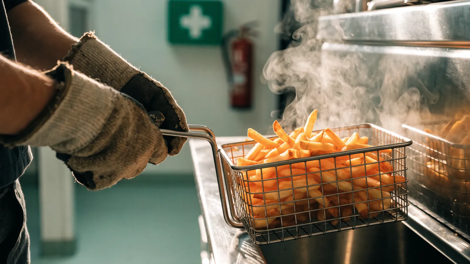 Équipier sortant un panier de frites d’une friteuse avec des gants de protection en cuisine de restauration rapide