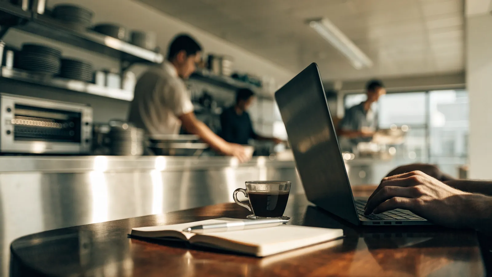 Gérant de restaurant préparant un dossier de formation sur son ordinateur avant l’ouverture