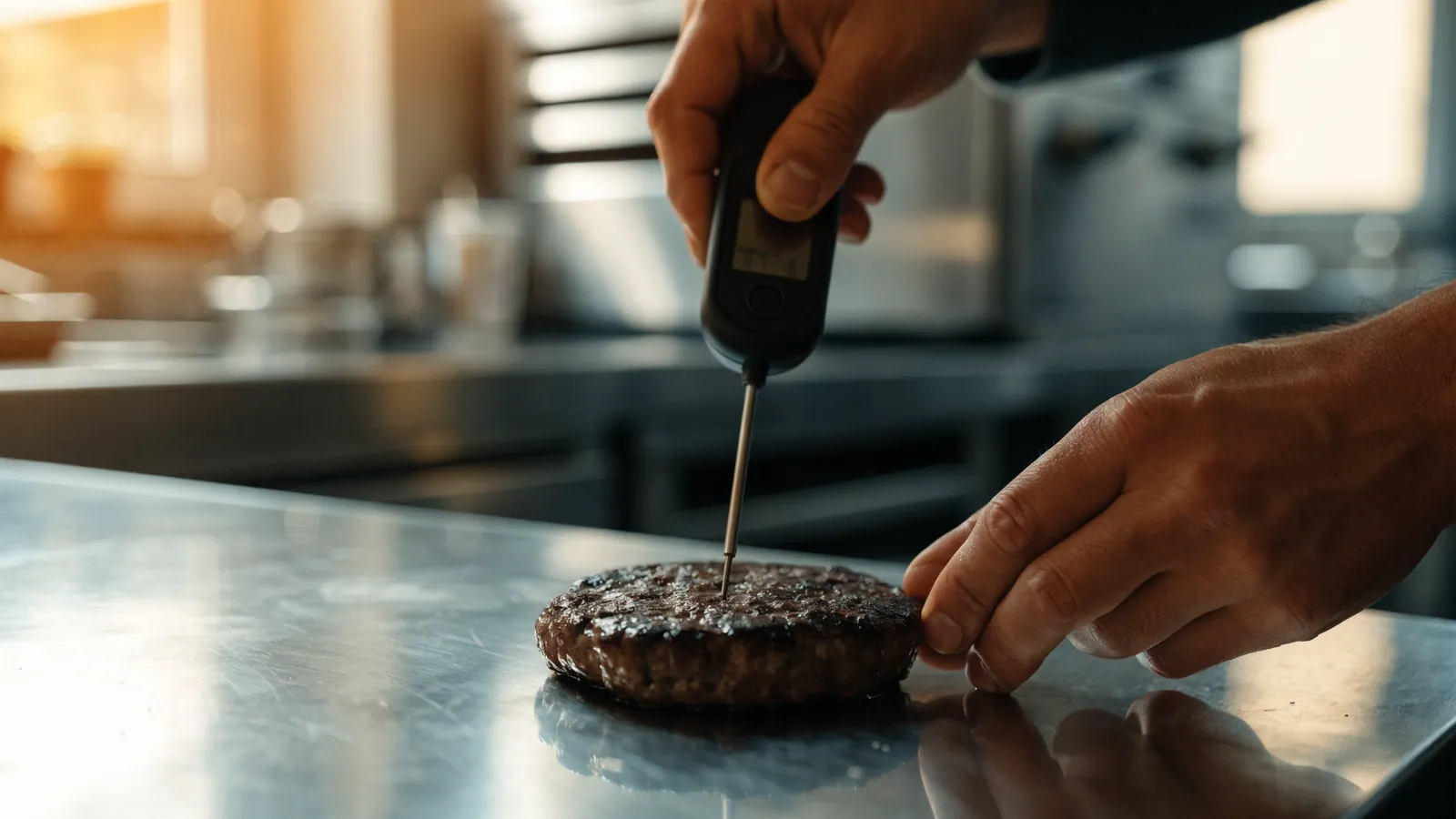 Contrôle de la température à cœur d’un steak haché avec un thermomètre sonde en cuisine de restauration rapide