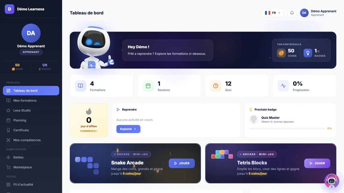 Tableau de bord d’un apprenant sur Learnexa : formations, quiz, badges et mini-jeux