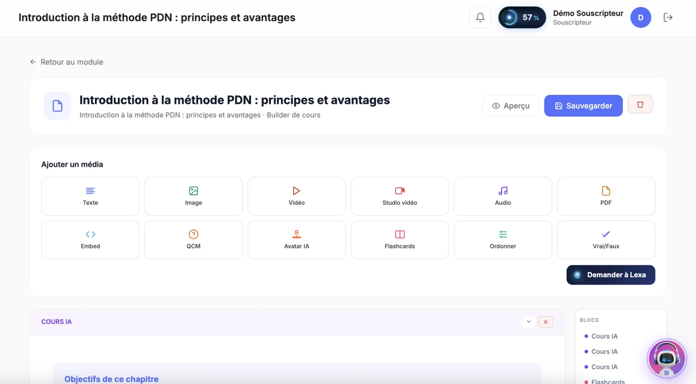 Le constructeur de cours de Learnexa : texte, image, vidéo, QCM, cartes mémoire, vrai ou faux