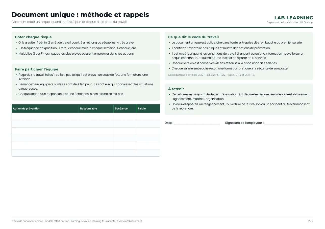 Aperçu de la seconde page : trame de duerp restauration rapide