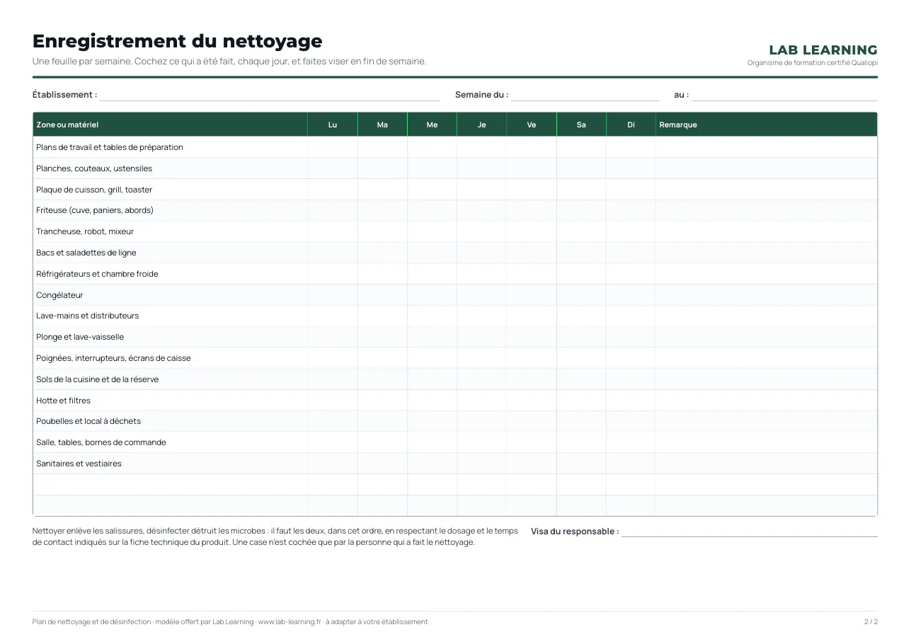 Aperçu de la seconde page : plan de nettoyage